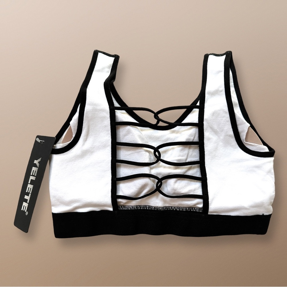 Yelete Criss Cross Sports Bra White Black High Impact Removable Cups S NWT - Picture 5 of 9